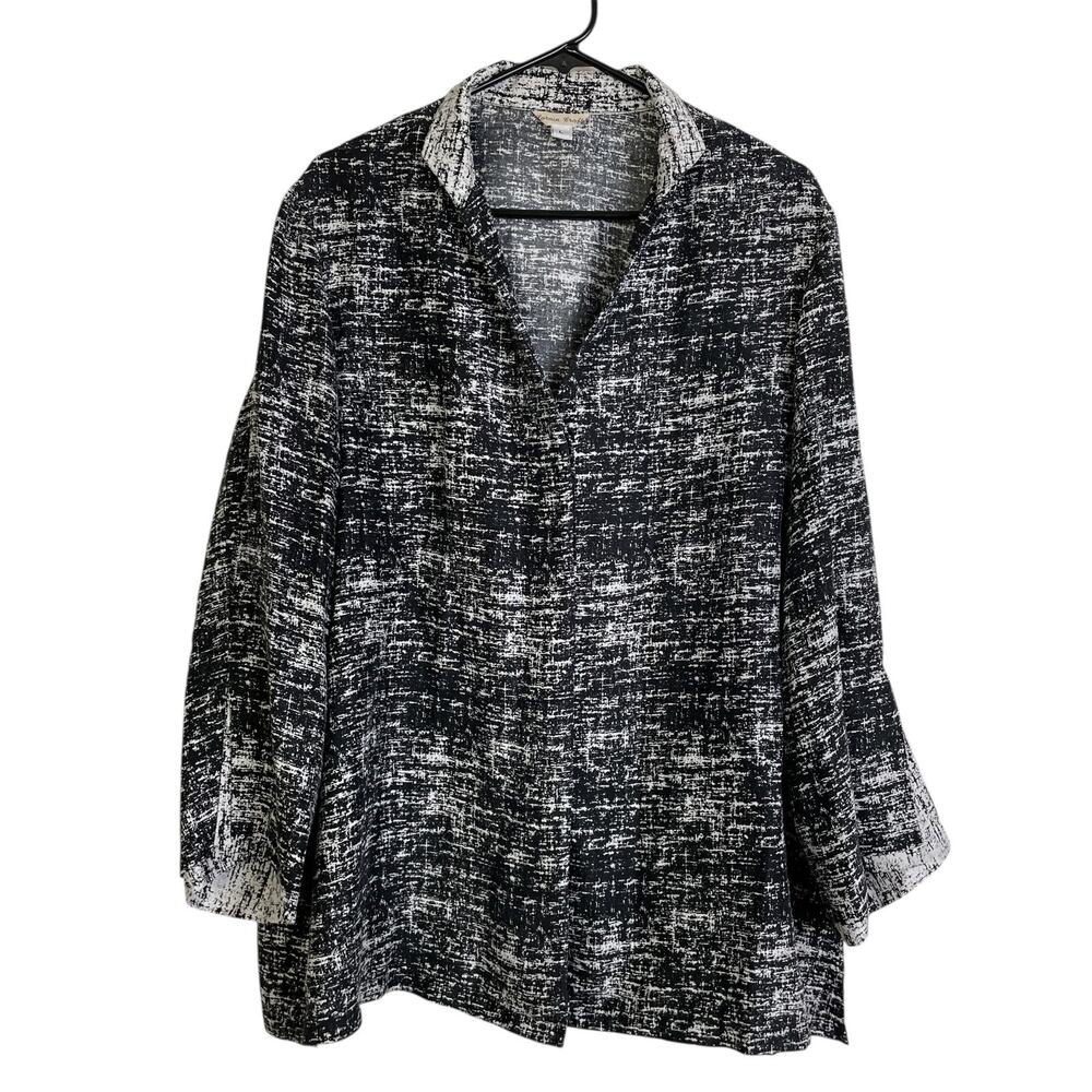 Lorain Croft Silk Top Large Womens Black White Button Up Crop Sleeve Slit Career